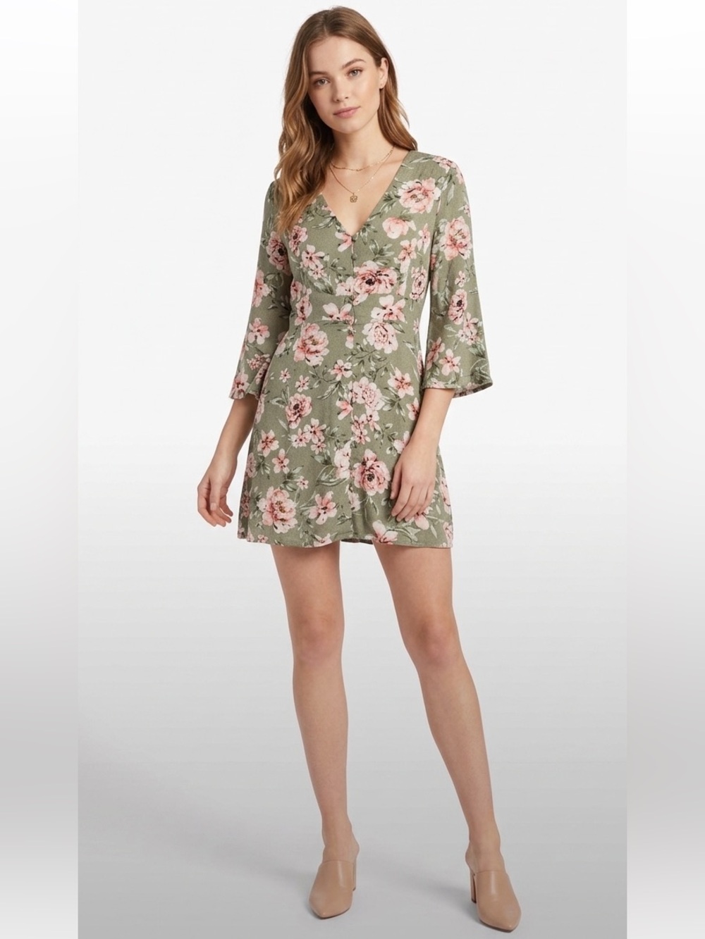 Dynamite Feminine Green Floral V Neck Button-Front Long Sleeve Dress Size Small